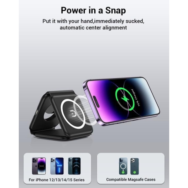Wireless Charger, Magnetic Foldable 3 in 1 Mag-Safe Charger, Fast Travel - Image 4